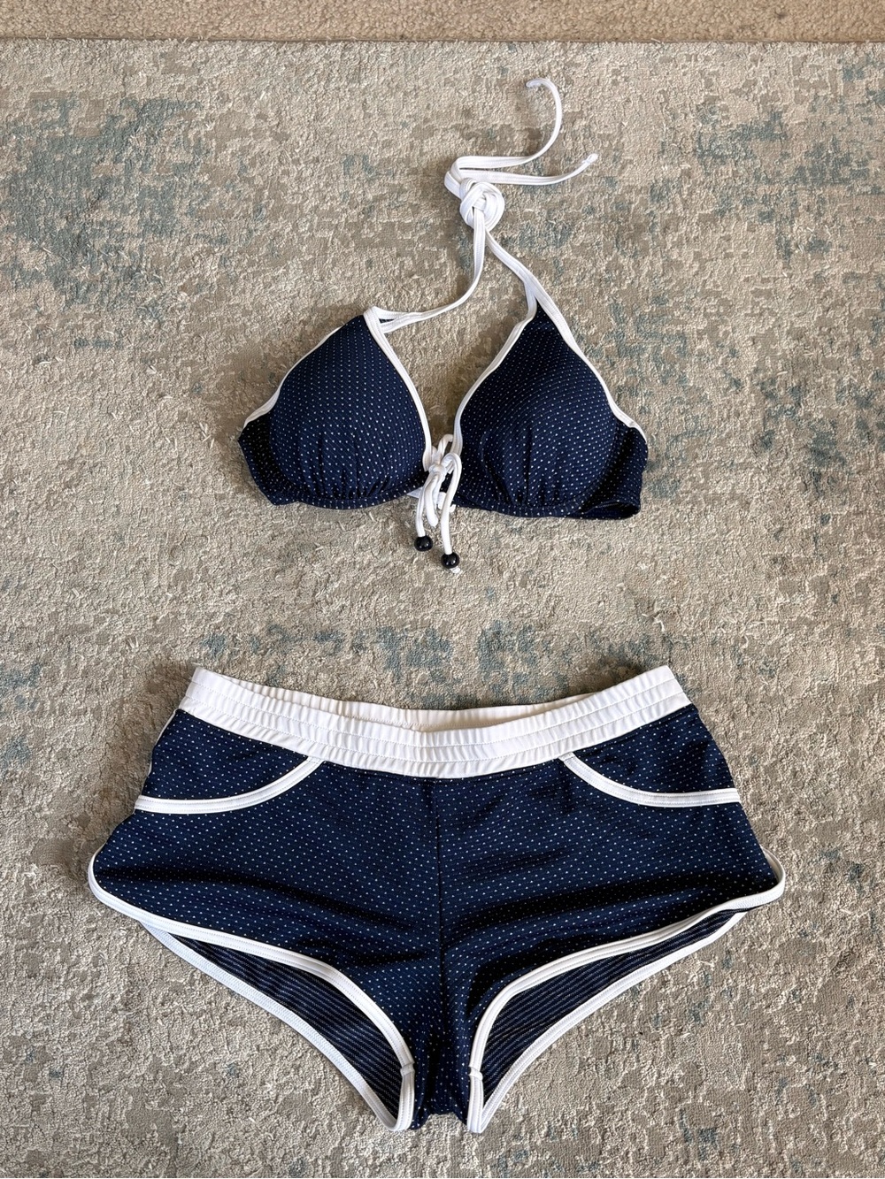 Navy Polka Triangle Bikini Top & Swim Shorts Set with White Trim